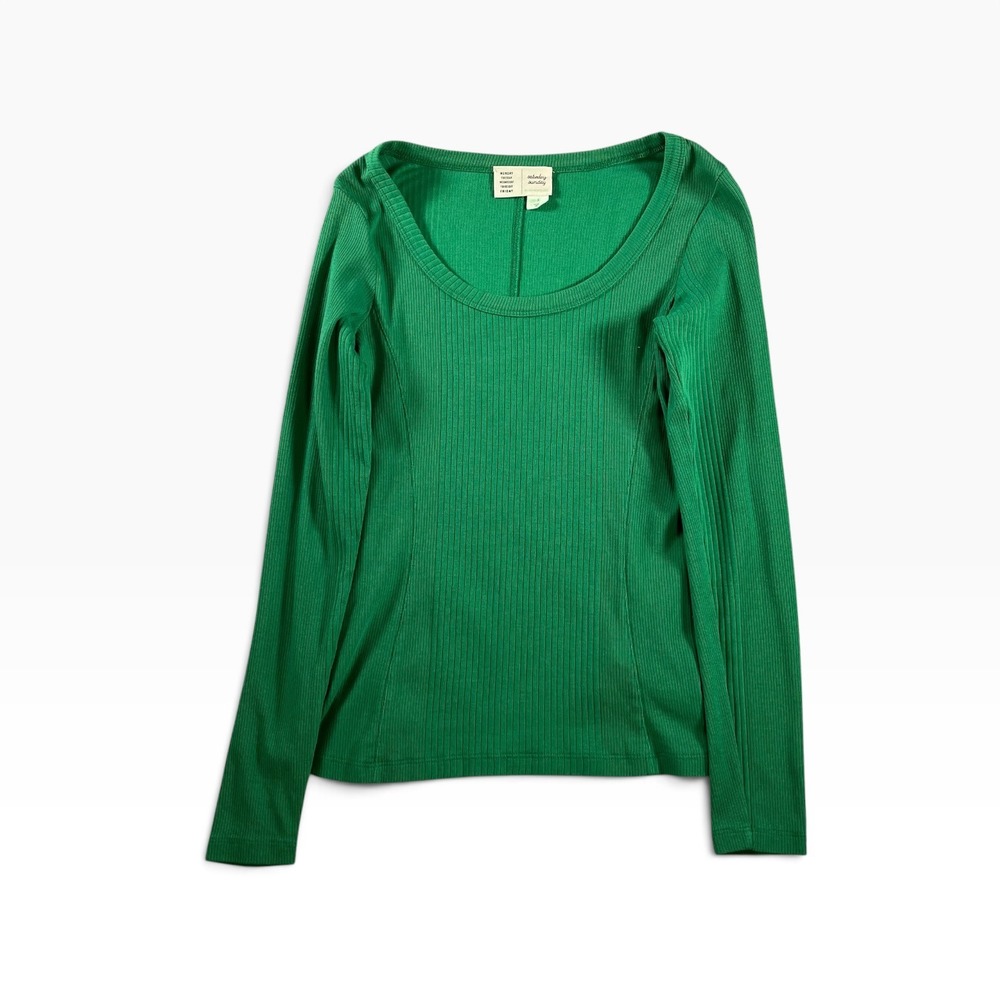 Anthropologie Saturday Sunday Green Ribbed Alida Scoop Neck Long Sleeve Top S